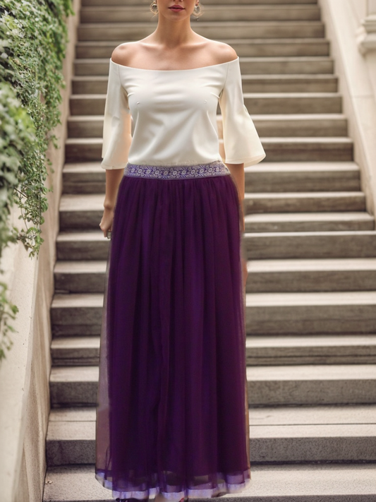 tulle skirt women  tulle skirt long  tulle skirt  tulle  stylish  spring  special occasion.  special  skirt A line  skirt  Purple Muzdana Tulle Skirt  purple  modest  midi skirt  midi A line skirt  maxi skirt  long tulle skirt  light purple  hijab  feminine  fashion  evining wear  emproidery  embroidery  elegant night  elegant  colourful  casual  A-line  A line skirt  palestinian  palestinian women  threads identity palestinian embroidery  arab women