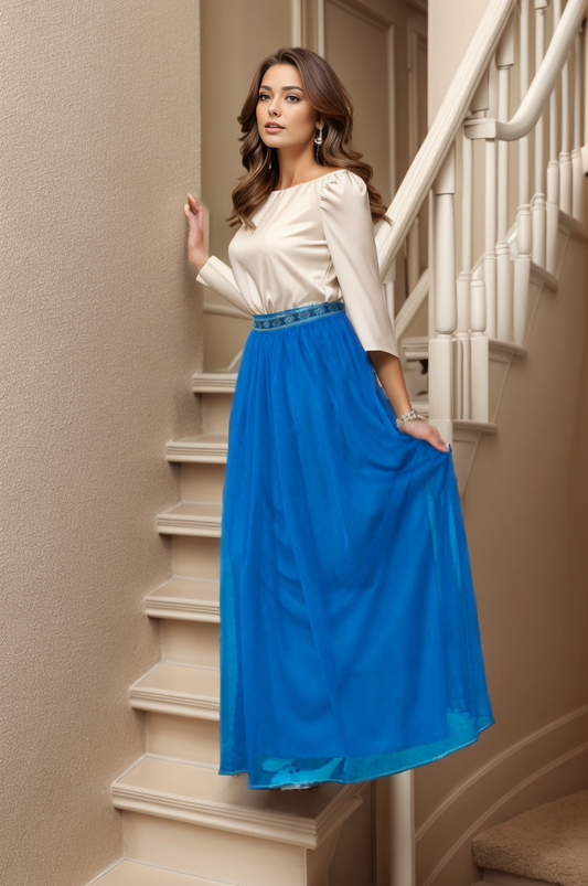 velvet  tulle skirt women  tulle skirt long  tulle skirt  tulle  stylish  spring  special occasion.  special  sparkle  skirt A line  skirt  Royal blue  maxi skirt  long tulle skirt  hijab  feminine  fashion  evining wear  emproidery  embroidery  elegant night  elegant  Blue Muzdana Skirt  blue  A line skirt  palestinian women  palestinian  arab women  threads identity palestinian embroidery
